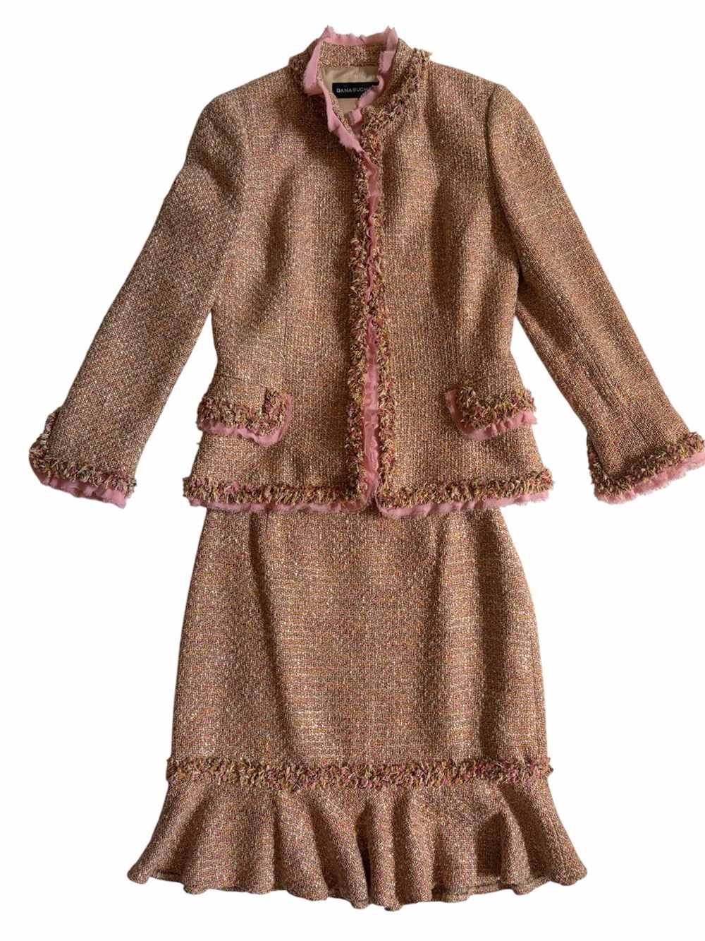 Dana Buchman Boucle Tweed Pink Gold Ruffle Suit Jacket Skirt Set Women’s 6/8